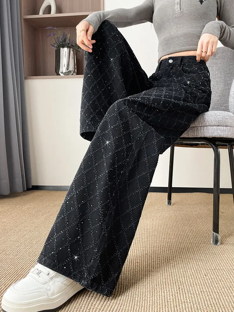 2026 spring new arrival: fashionable, heavily embellished, starry black, sparkling rhinestone jacquard denim jeans
