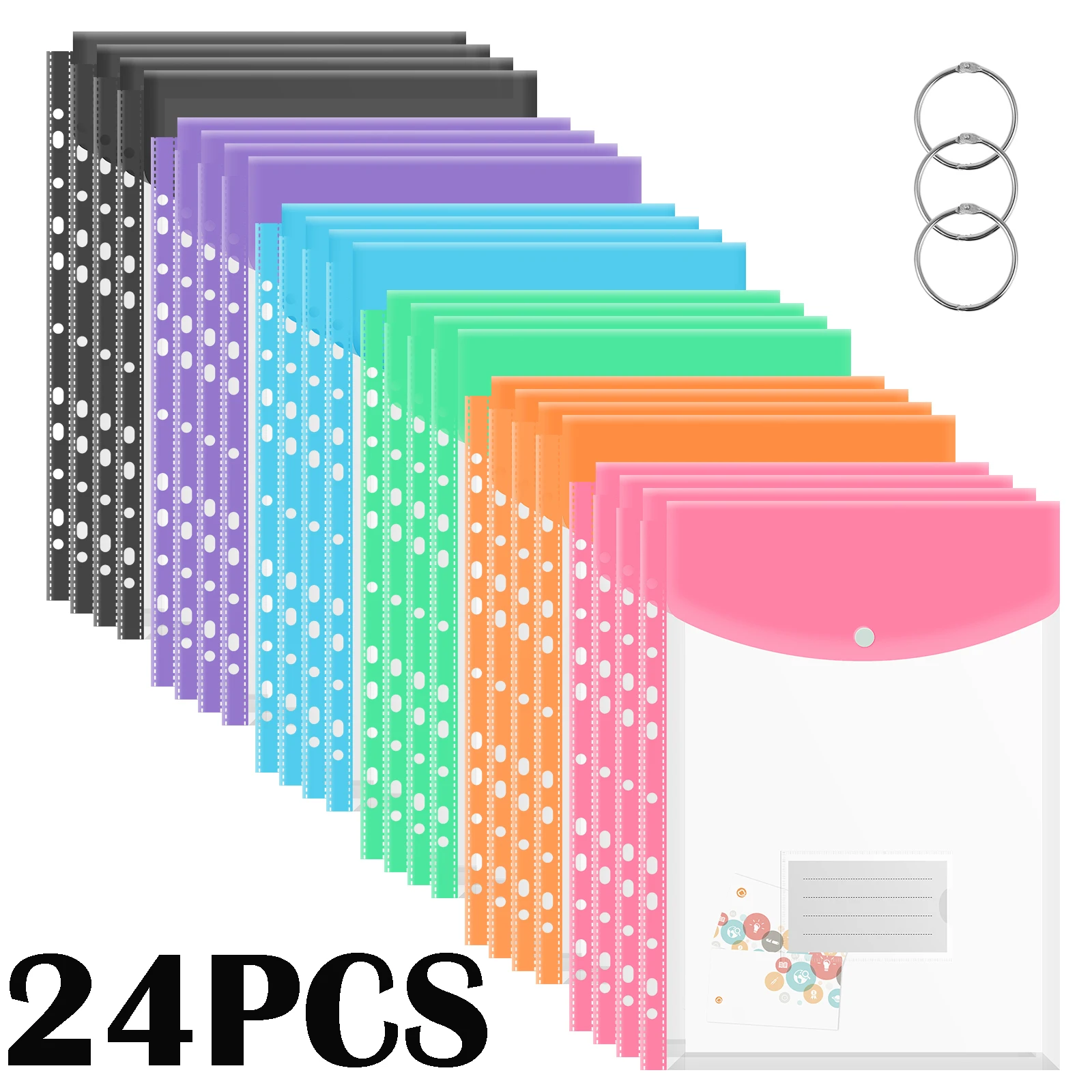 

24 шт., пластиковый карман для конвертов с 11 отверстиями, водонепроницаемая папка для конвертов с кнопкой и карманом для этикеток