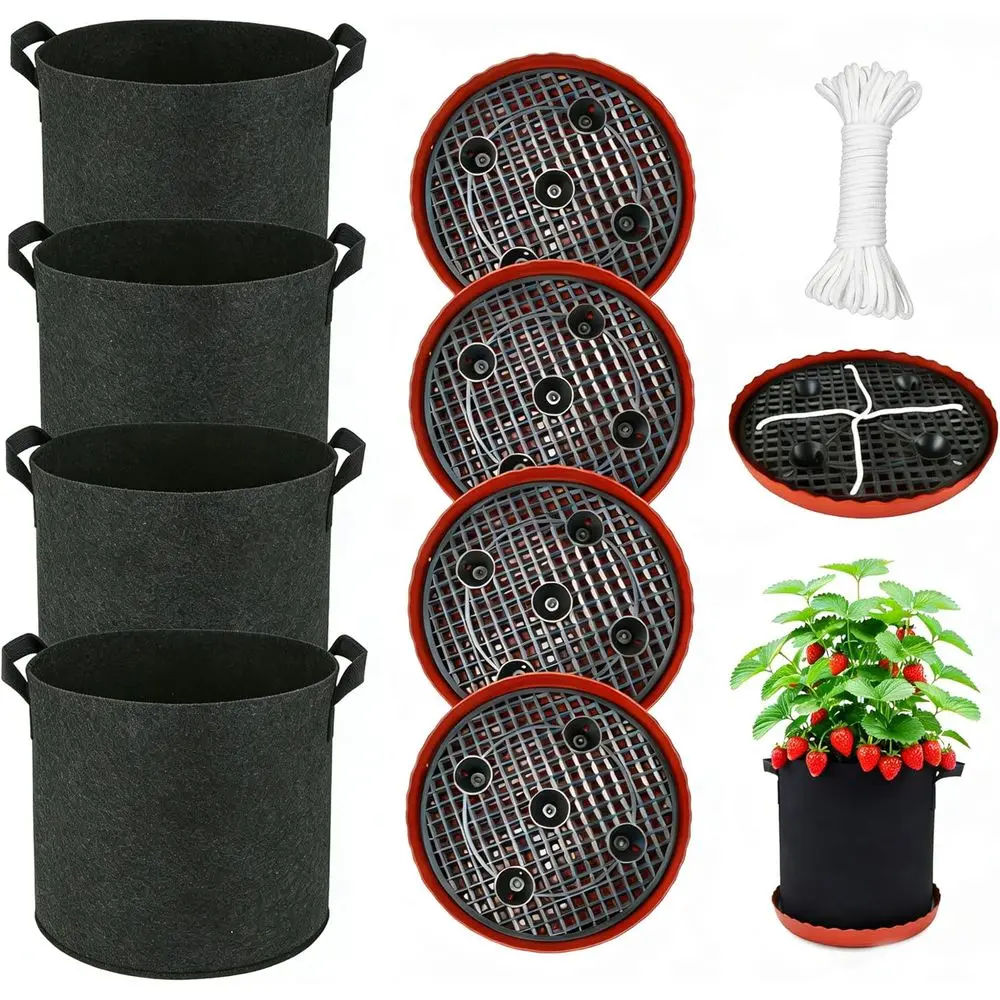 4 Pack Grow Bags 5 Gallon for Growing Strawberry Tomatoes, Watering Planter Fabric Plant Grow Bag with Plastic Plant Saucer, 300