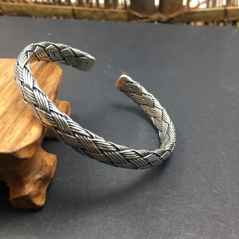 Handmade Bracelet Men, Fashionable Vintage Double-Layer Woven Silver Open Bangle Jewelry