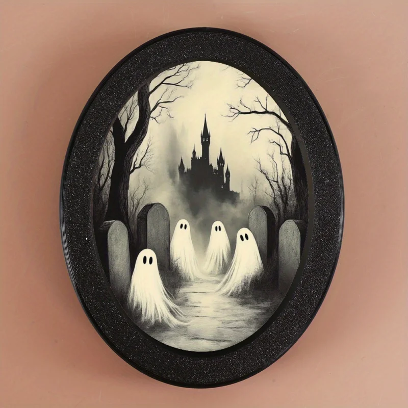 

Овальная рамка на Хэллоуин — жуткая кладбищенская сцена с 3 призраками