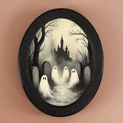 Cadre ovale d'Halloween - Scène de cimetière effrayante avec 3 fantômes