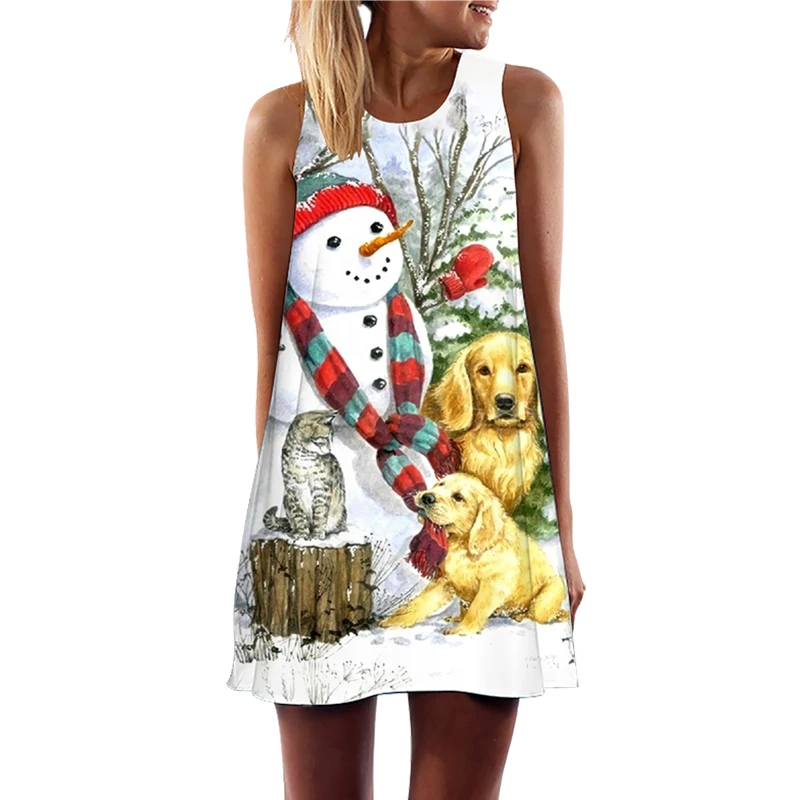 Tema de Natal feminino imprime vestido sem mangas, vestidos femininos, vestidos midi, boneco de neve, solto, Papai Noel, moda