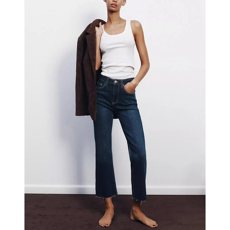 Cintura alta tornozelo comprimento sino bot jeans feminino casual sle botão de metal cinco ket design verão faion senhoras jeans