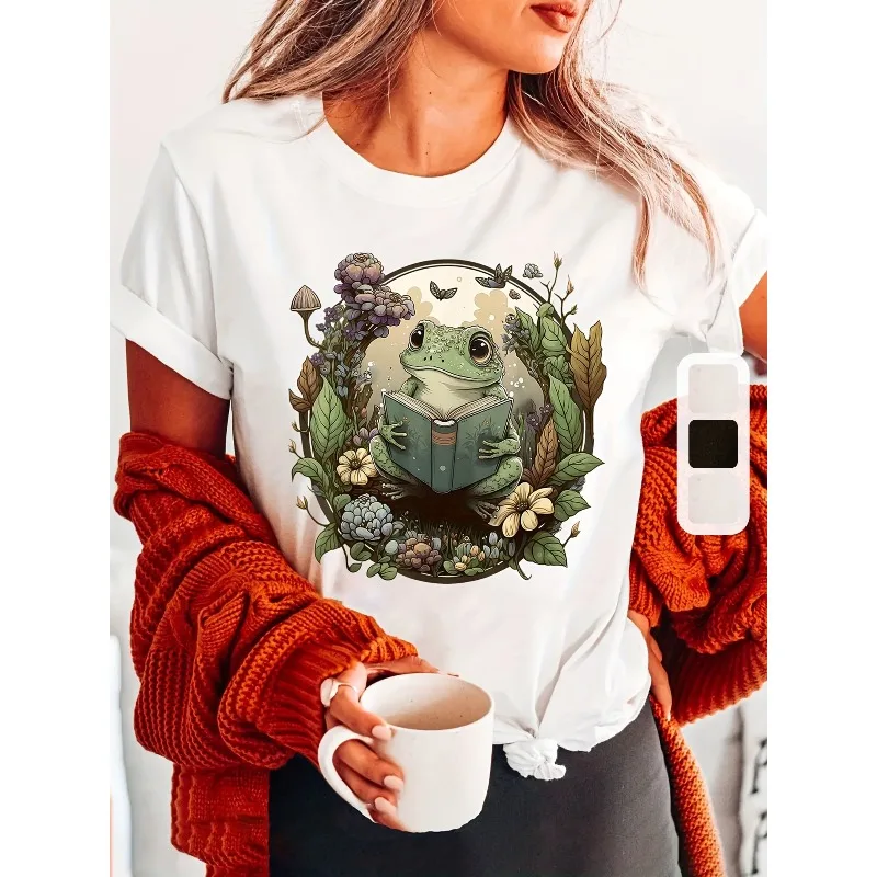 Ladies' Rural Style T-shirt Black Flower Frog Reading Pattern Soft and Breathable Round Neck Top Natural Theme Casual Top