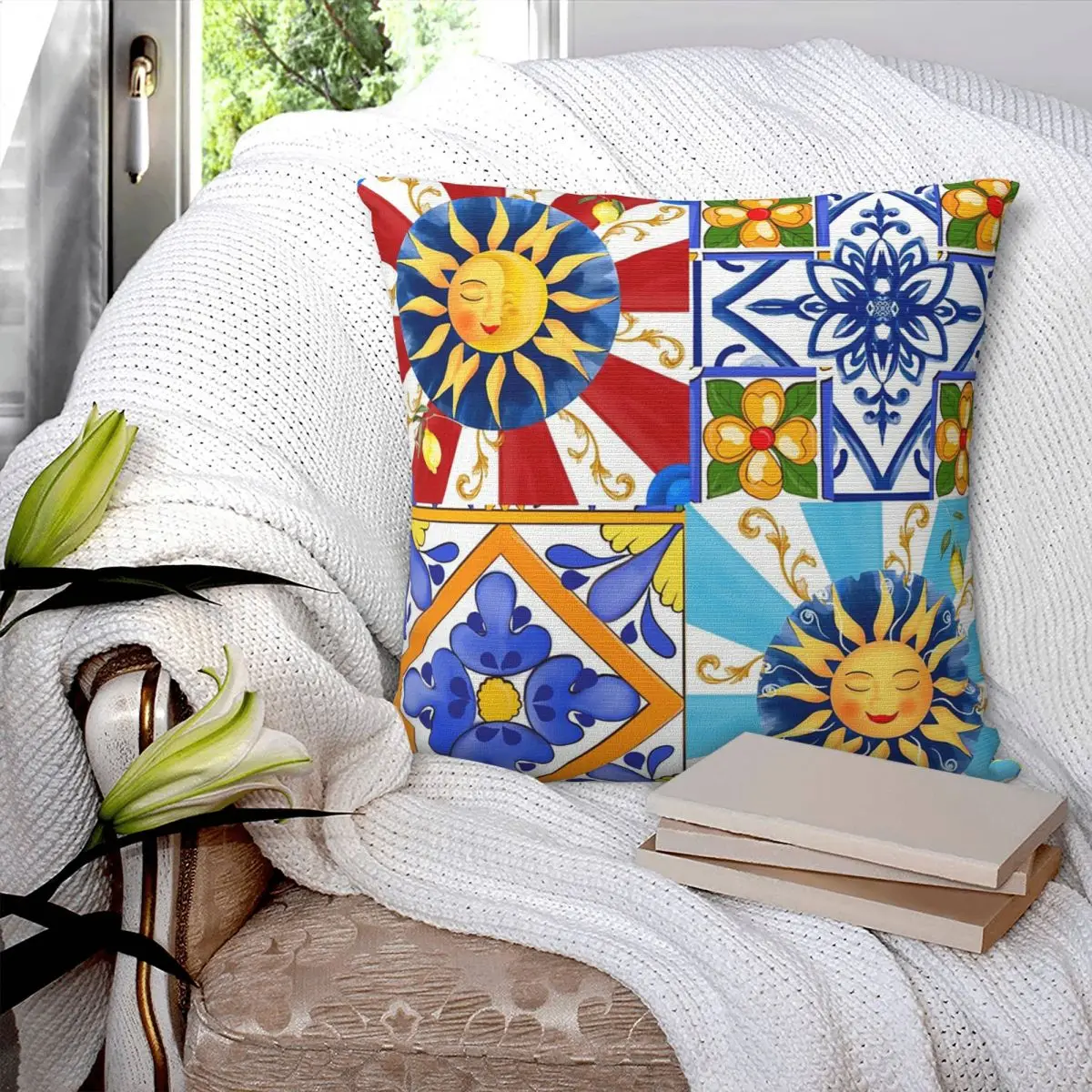 Sicilian Tiles,sun,half Moon,mediterranean Style,lemon Art Square Pillowcase Pillow Cover Comfort Throw Pillow for Home Car