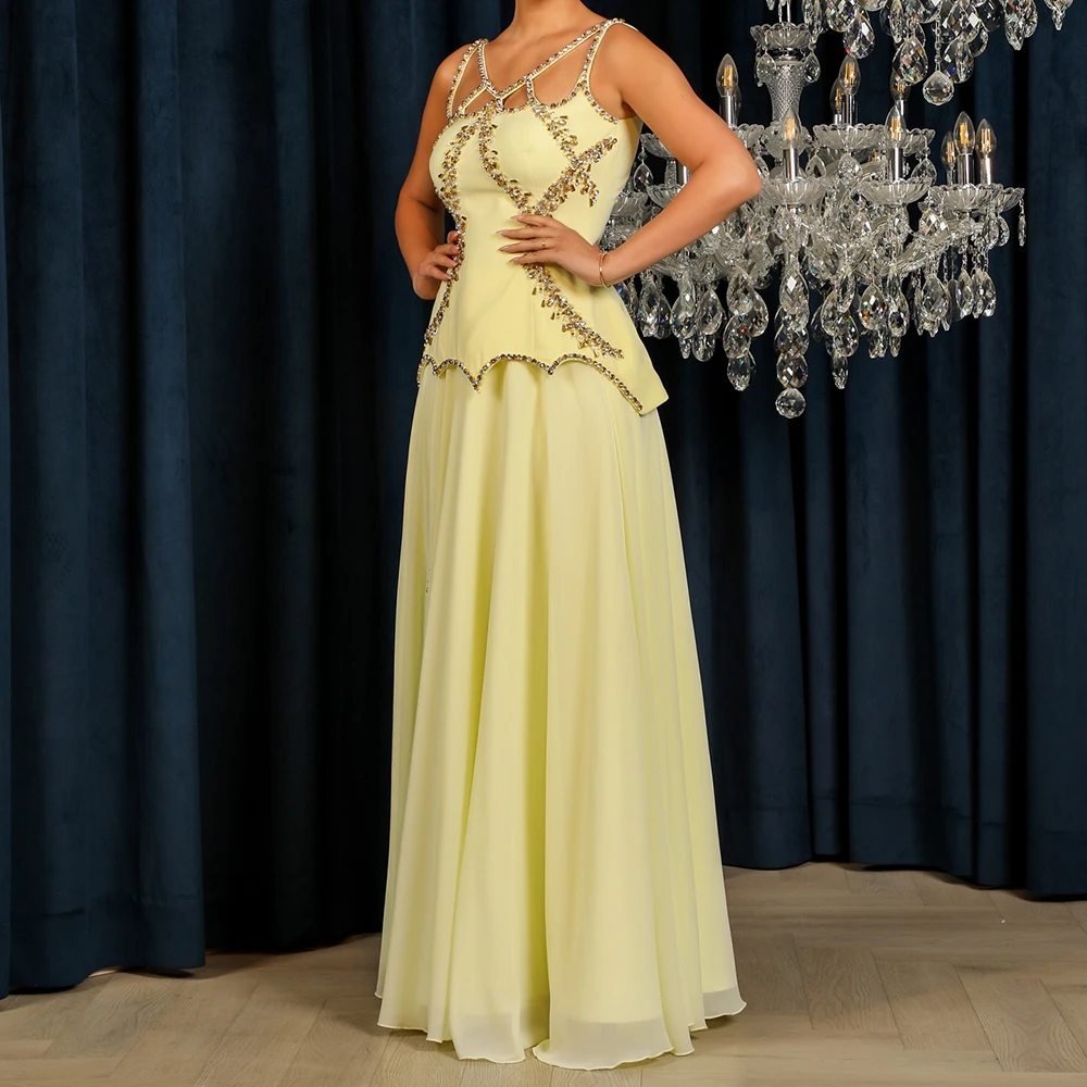 

Customized A-line Evening Dresses Floor-length V-neck Sleeveless Prom Gown Fashion Crystal Backless Simple Draped Party Gown