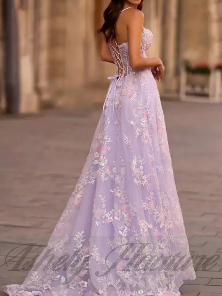Robes de bal lilas de luxe personnalisées, col en V, ligne A, longueur au sol, fendues, vêtements pour occasions spéciales, fête de mariage, soirée formelle