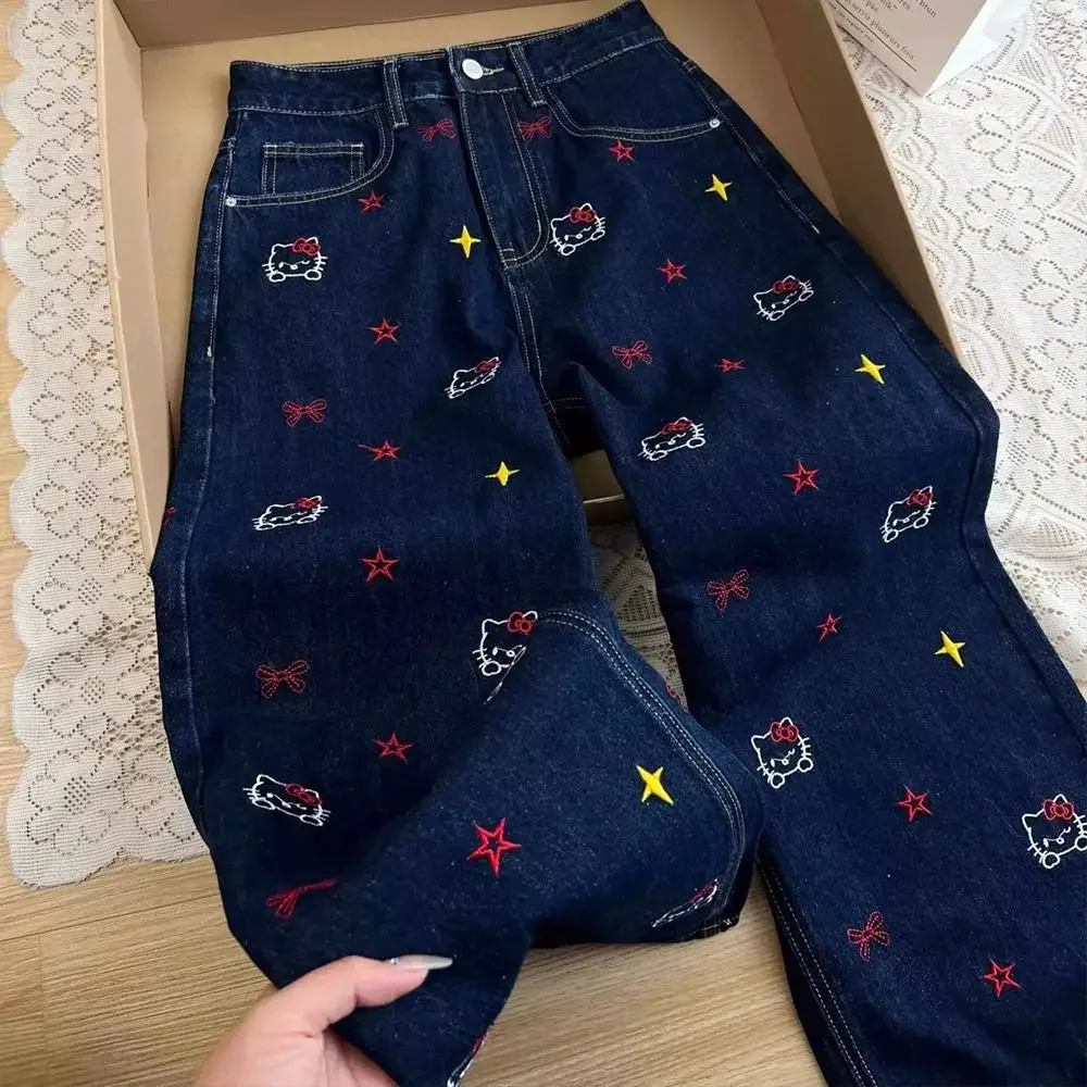 アメリカンスタイル Y2K ハローキティデニムパンツサンリオアニメガールズジーンズかわいい新しい女性夏猫刺繍スリムストレートパンツ