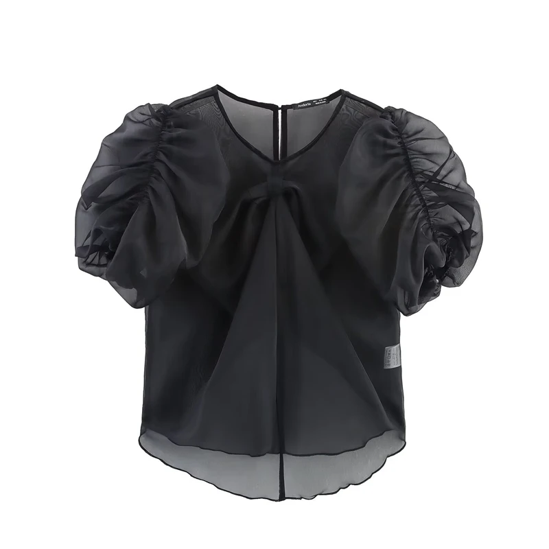 

2025 Summer Women Bow Decorated Bubble Sleeve Blouse Unique Design Trendy Casual Tops For Women Fashion Clothing