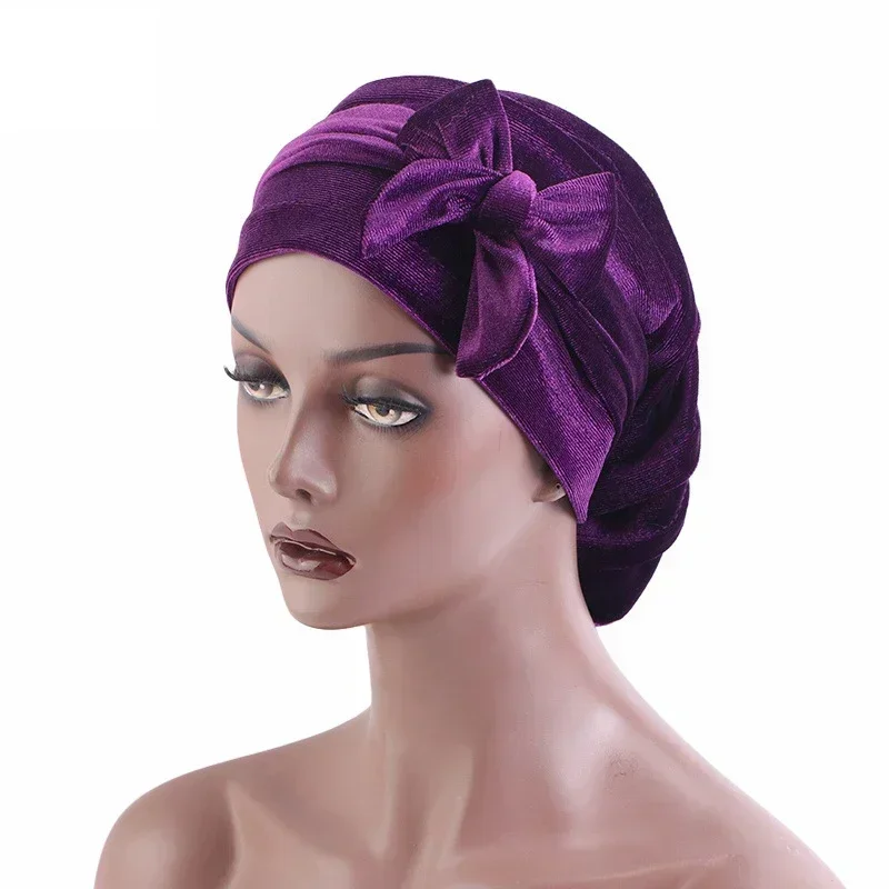 Muslim Hijab Women Velvet Turban with Ribbon Head Wrap Beanie Hair Loss Chemo Slouchy Baggy Cap Bonnet African Nigerian Headwear