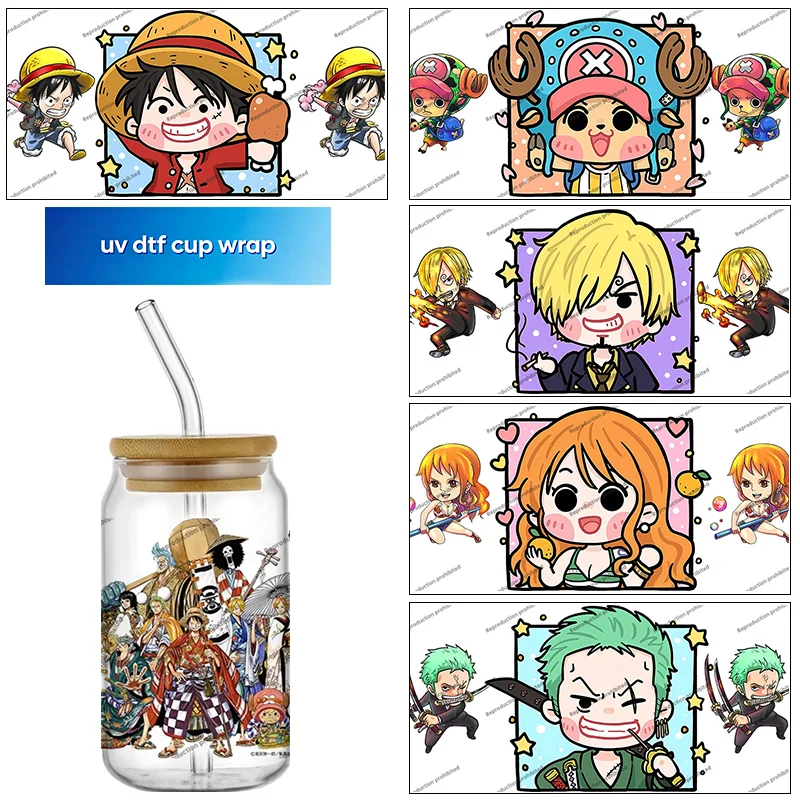 cute One Piece design Waterproof UV DTF Transfer Sticker for 16oz Glass Cup Wrap Stickers DIY Customizable