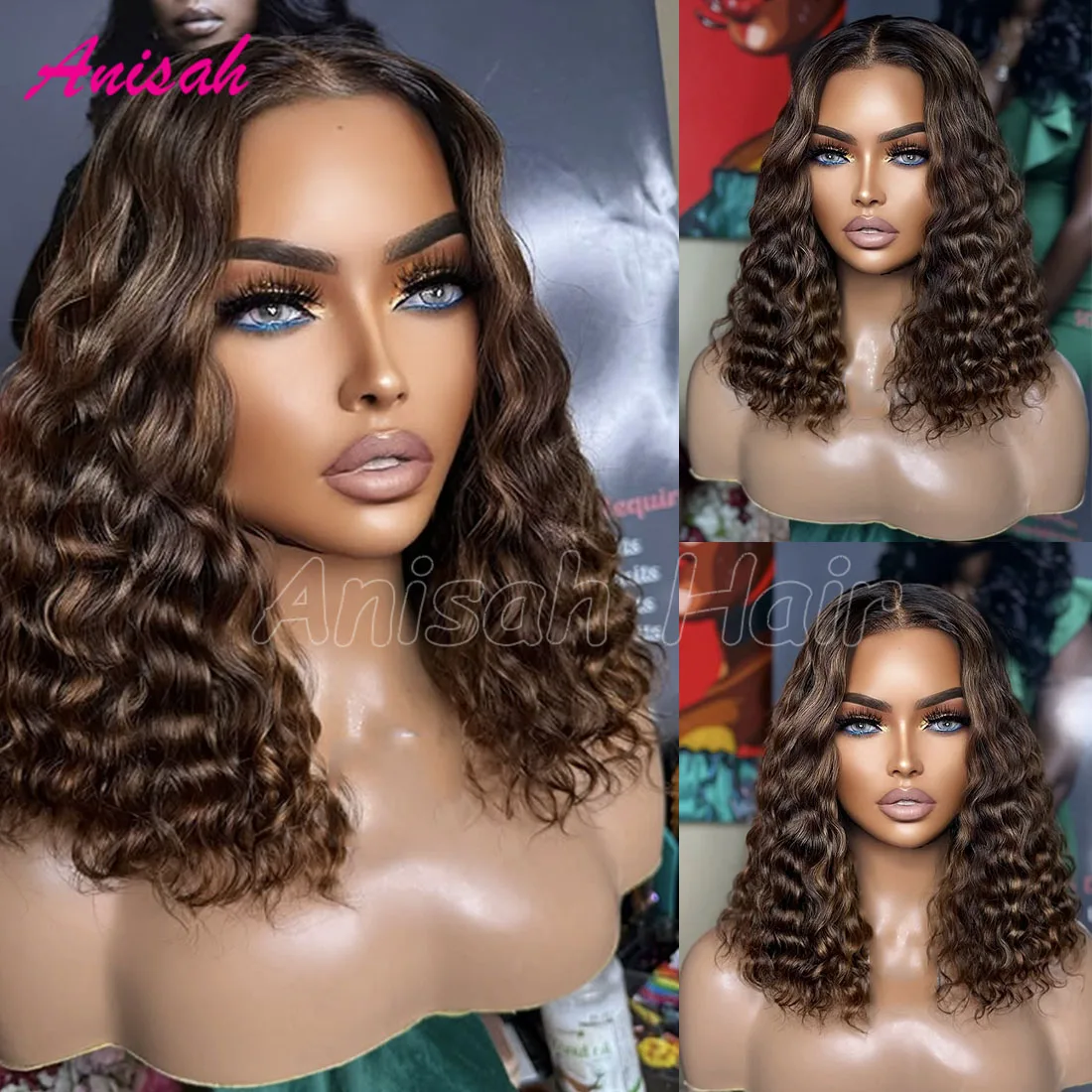 

Remy Virgin Hair Short Water Wave Lace Closure Glueless Wig 13x4 Ombre Highlight Brown Lace Frontal Human Hair Wigs for Women