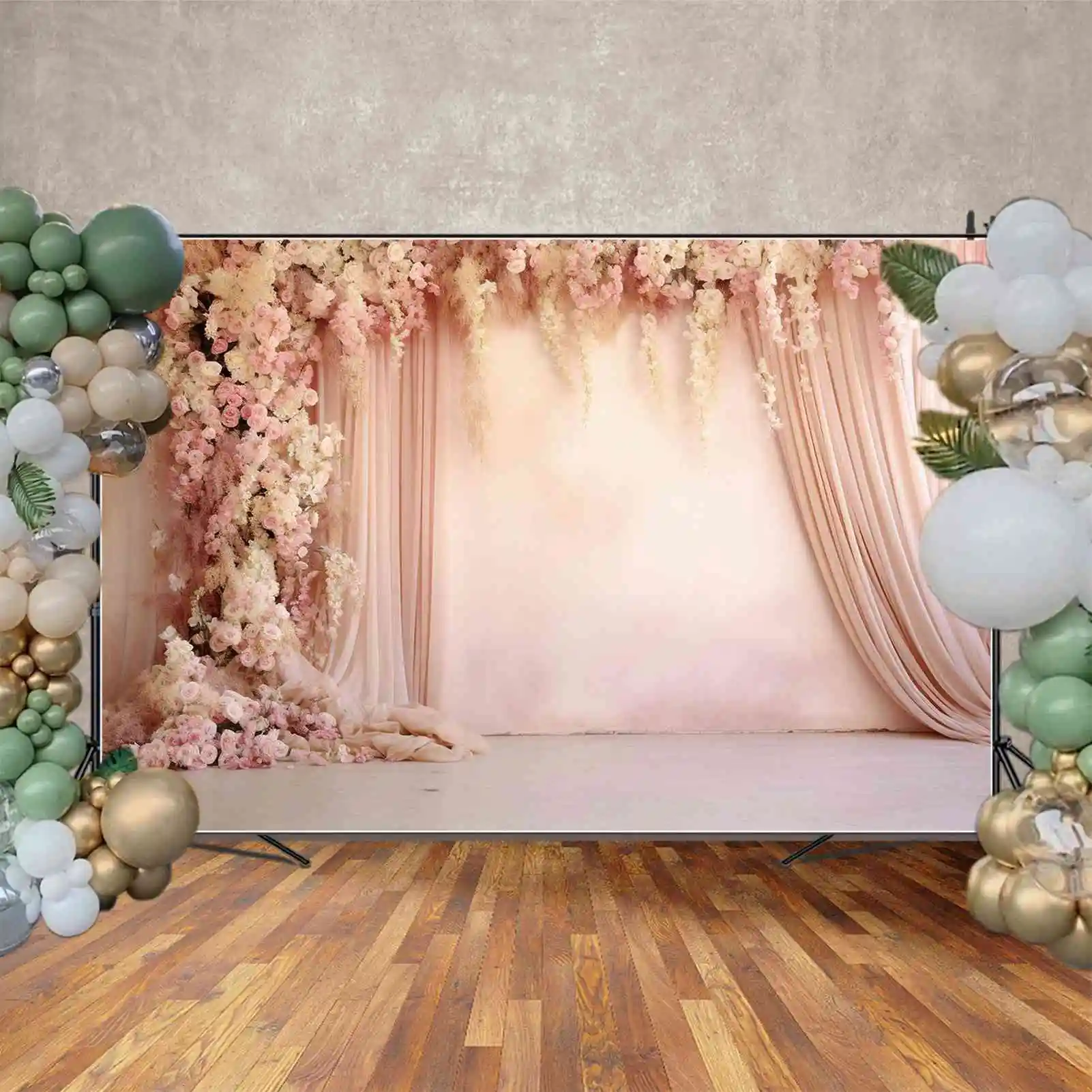 MOON.QG Backdrop Wedding Drapes Pink Flower Curtain Wall Photo Background Floral Fringe Decor Bridal Shower Party Shooting Props