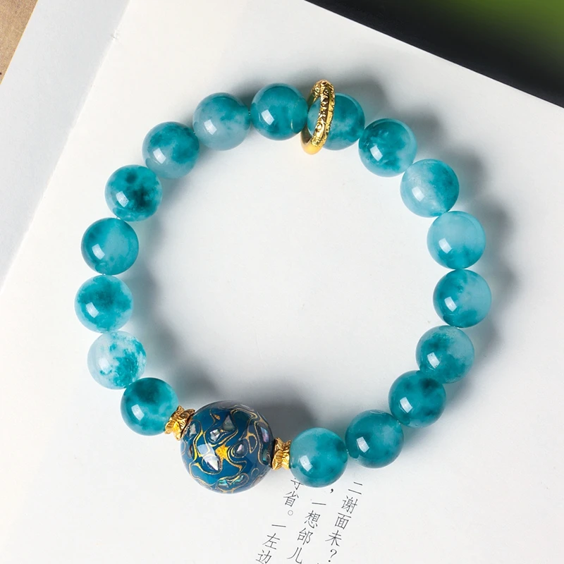 

Exquisite Chinese Traditional Lacquer Bead Charm 10mm Natural Blue Chalcedony Stretch Beaded Bracelet for Women Accessories 1603