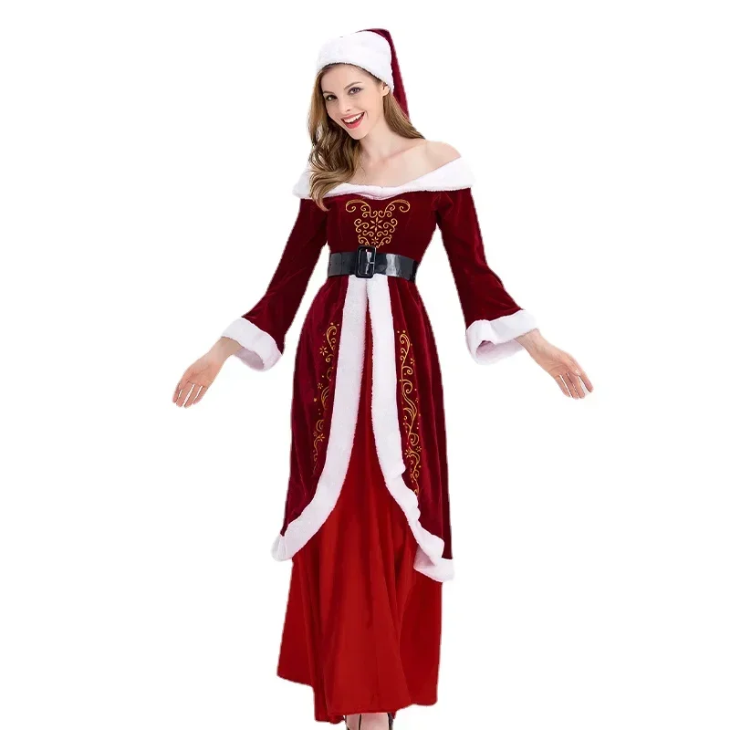 Vestido rojo clásico de lujo para mujer, disfraz de Papá Noel para fiesta de Navidad, disfraz de actuación MN3