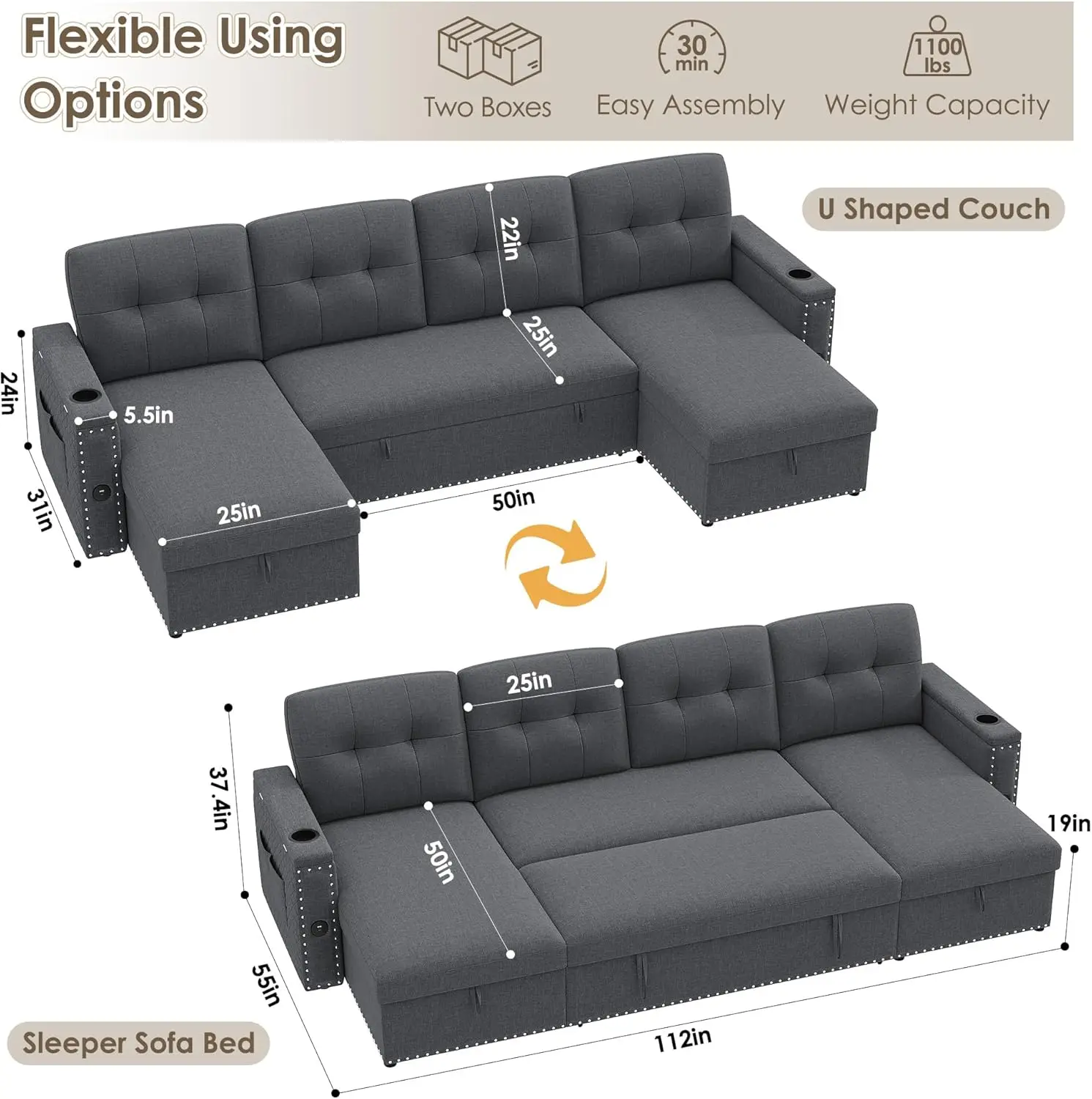 Sofá secional pull out sofás para sala de estar, luzes LED, porta USB-Sleeper, sofá sofá com chaise e armazenamento, 112 polegadas