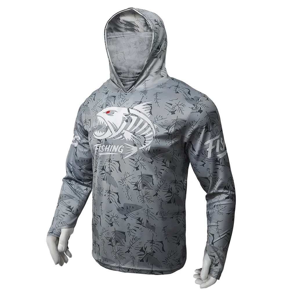 Herren Skelett-Fisch-Print UPF50+ Angelhemd mit Kapuze und Gesichtsmaske, Langarm, Schnelltrocknend, Anti-UV, Atmungsaktiv, Outdoor-Angeloberteil – Detail 10