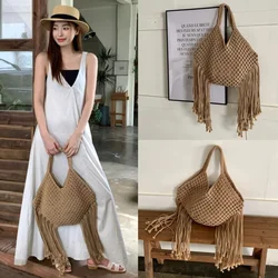 Bohemian Style Su Bag Women 2024 New Handmade Woven Bag With Drawstring Cotton And Linen Woven Bag Color Beach Bag Vacation Bag