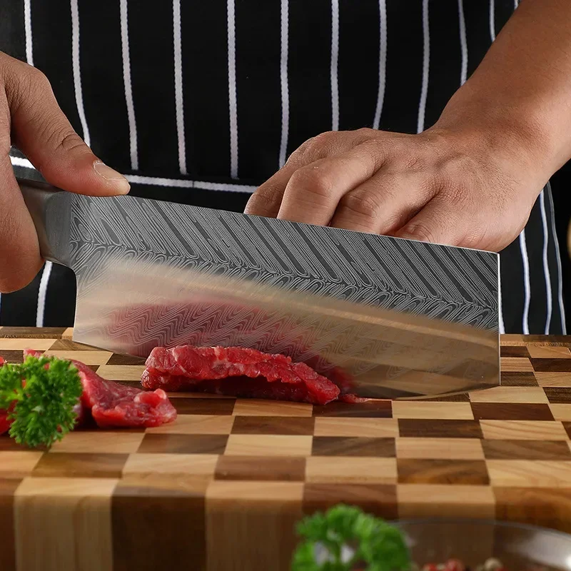 Professional Japanese Kitchen Chef Knife Set Damascus Laser Pattern Meat Fish Fruit Vegetables Slice Butcher Cleaver Steel Knife