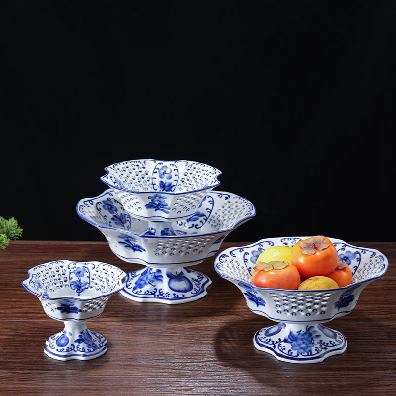 

Blue And White Porcelain Fruit Tray Creative Living Room Tea Table Decoration Home Use Underglaze Color Carved Hollow High Fo...