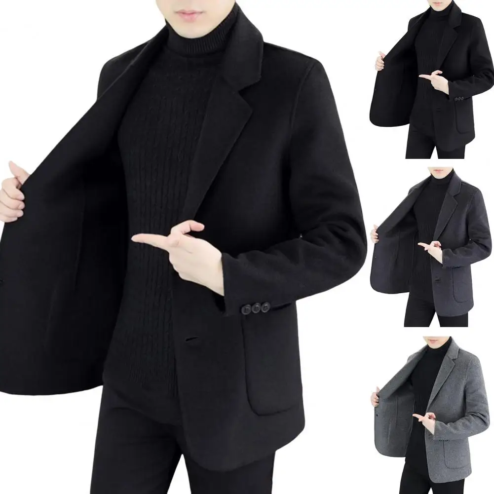 

﻿Men Woolen Suit Jacket Vertical Pockets Two Button Lapel Suit Wool Coat Formal Business Men Coat Wool Short Coat Loose Fit