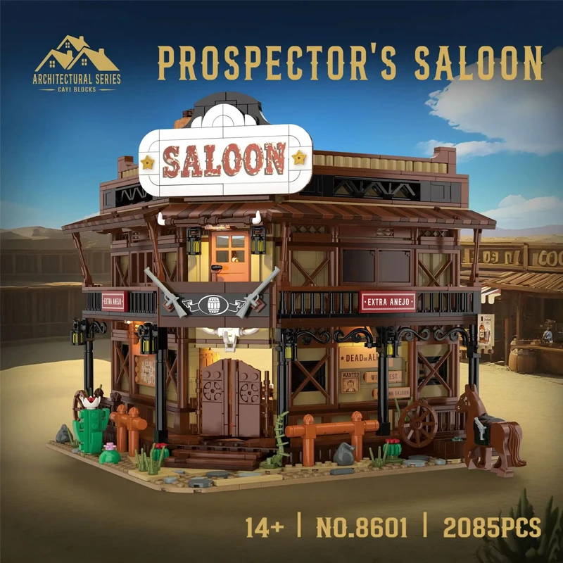 Klemmbausteine Prospector's Saloon mit LED-Modulbauklötzen, Cowboy-Stadtgeschäft, Architektur, Ziegelstein-Modellbausatz, Spielzeug für Erwachsene und Kinder, Geschenk, 2085 Teile