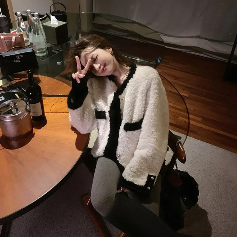 Xiaoxiangfeng Lamb Coat Women Contrasting Color Imitation Rex Rabbit Fur Coat Autumnand Winter Thickened Korean Light Luxury Top