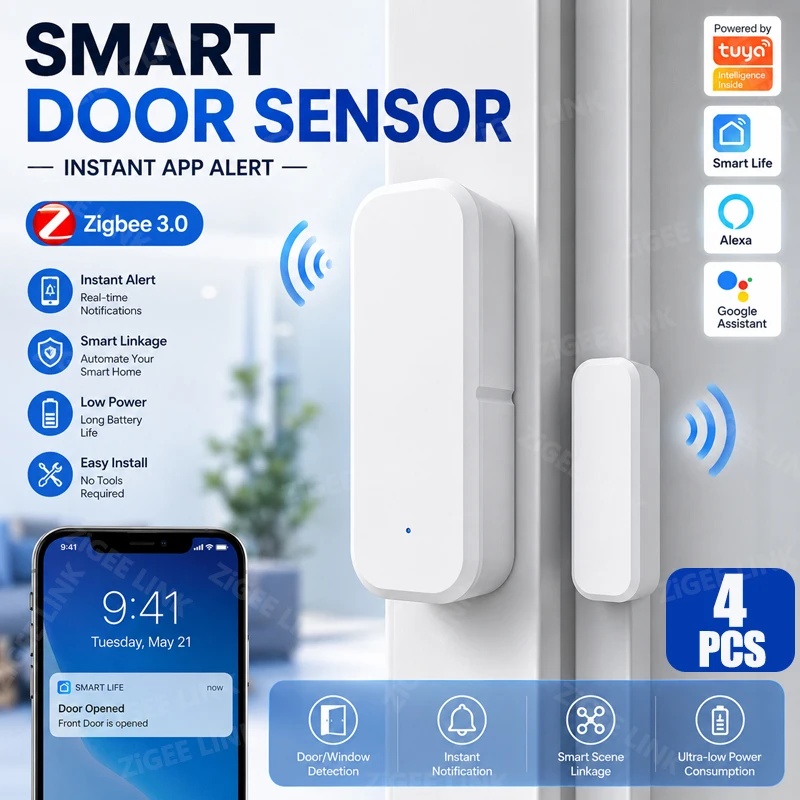 4 Stück Zigbee Smart Magnetischer Detektor Tür- und Fenstersensor Einbruchschutz-Alarm Echtzeit-App-Benachrichtigung Sprachverbindung Alexa Google
