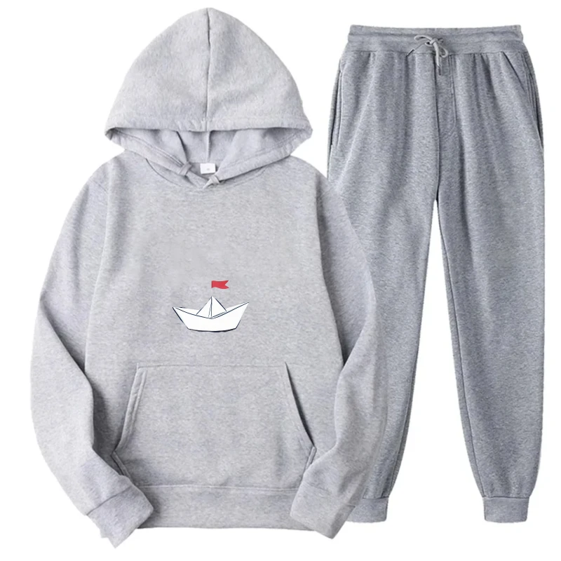 طقم هوديي سويت شيرت للزوجين مطبوع عليه قطة ورسوم كرتونية باللون الرمادي لملابس غير رسمية وراحة يومية #4