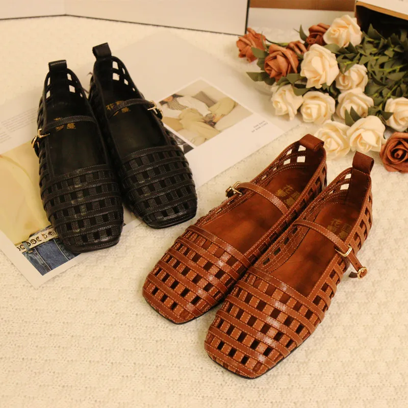 Woven Leather Sandals Flat Heel Casual Style Hollow out Design Women's Footwear Leather T-Strap Breathable Slip-On Shoes