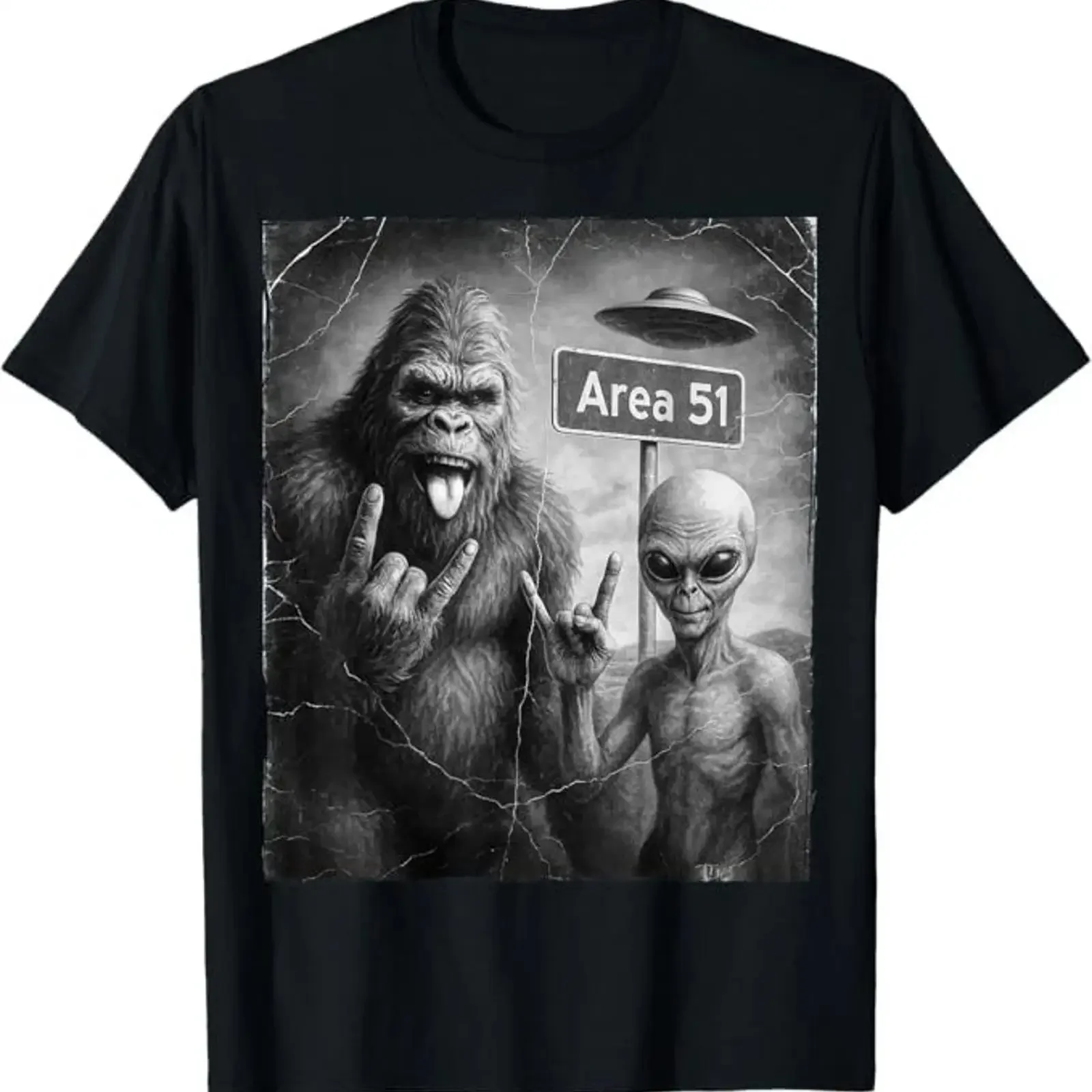 Sasquatch UFO Rock On Area 51 Bigfoot and Alien vintage t shirt vintage Washed Versatile Unisex Top For Everyday Wear