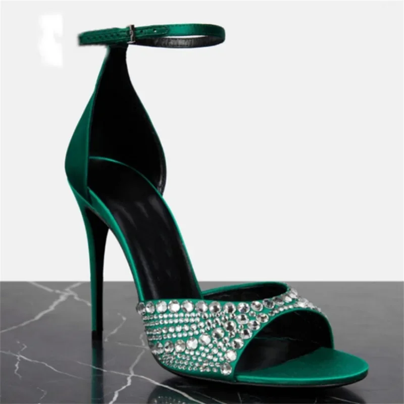 Summer 2023 Internet Celebrity Rhinestone Open Toed Sandals Fashion Round Toe Slim Heel Sandals Sexy Wrapped Party Sandals 35-43