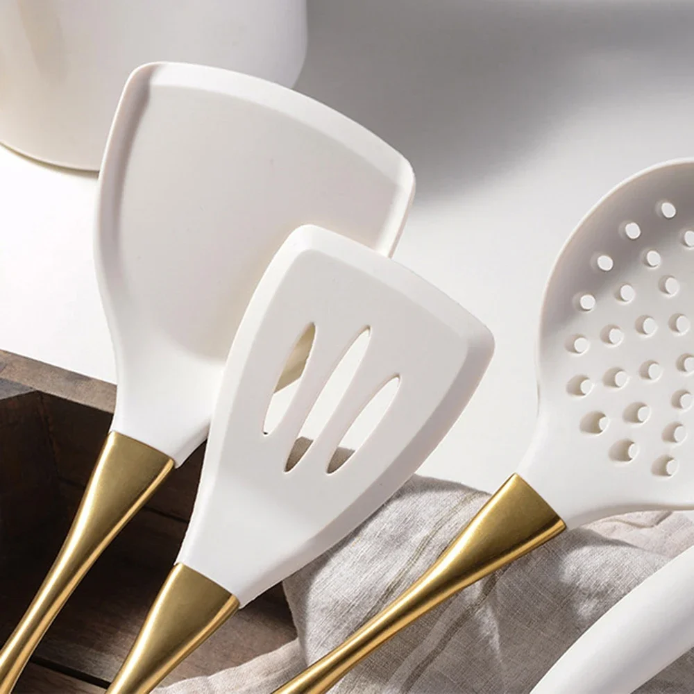 8Pcs White Gold Silicone Kitchenware Cooking Utensils Kitchen Accessories Spatula Turner Heat-resistant Pasta Colander Shovel