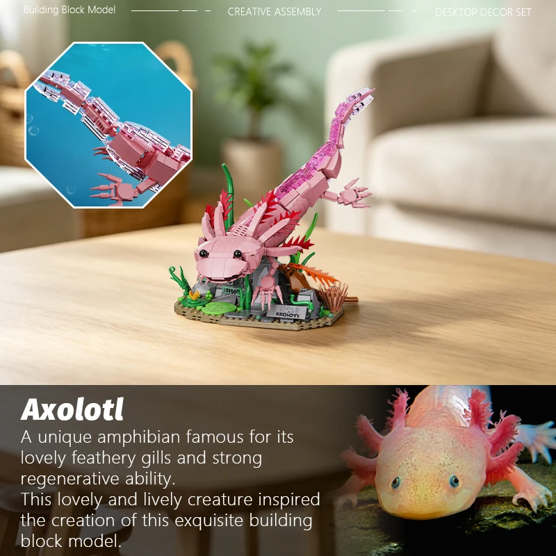 

998 PCS Realistic Axolotl (Mexican Salamander) Building Block Model, Creative Construction, Compatible with Standard Bricks