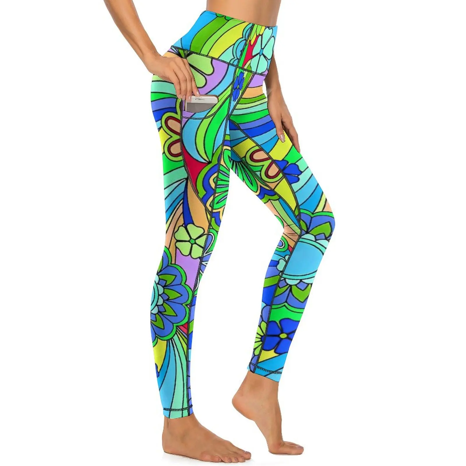 Hippy Trippy Flower Power Print Leggings Sexy Fitness Running Yoga Pants Push Up Stretchy Sport Legging Pockets Custom Leggins