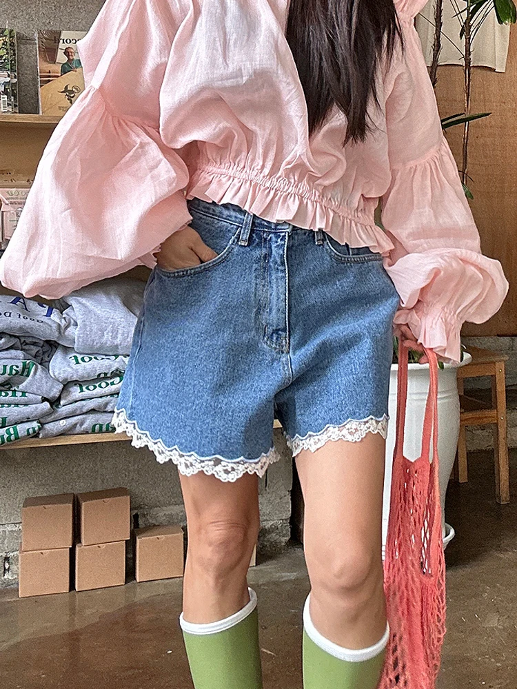 

Chic Lace Splice Design Loose Slimming High Waist Denim orts Wide Leg Pants Color Hot Pants Casual Sle Blue Jeans