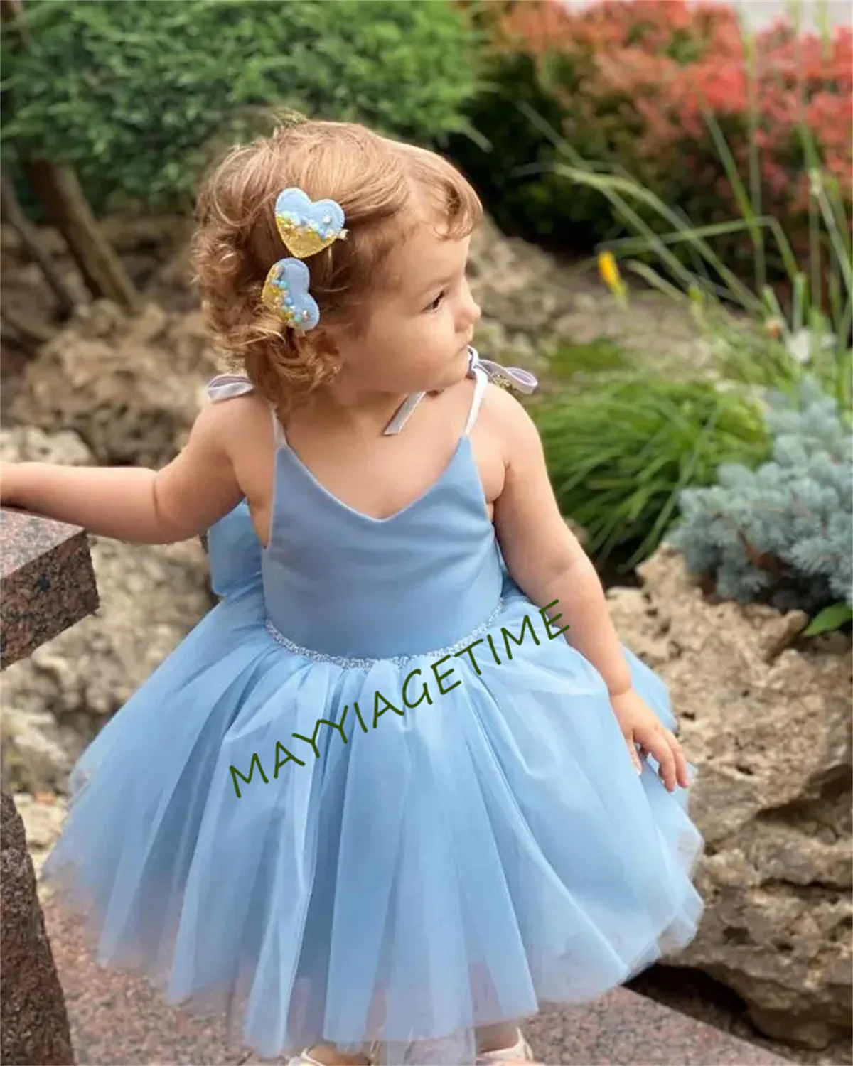 Blue Girl Dress Puffy Flower Girl Dresses Long Sleeves Bow Princess Dress Baby Frist Communion Dresses Birthday Girl