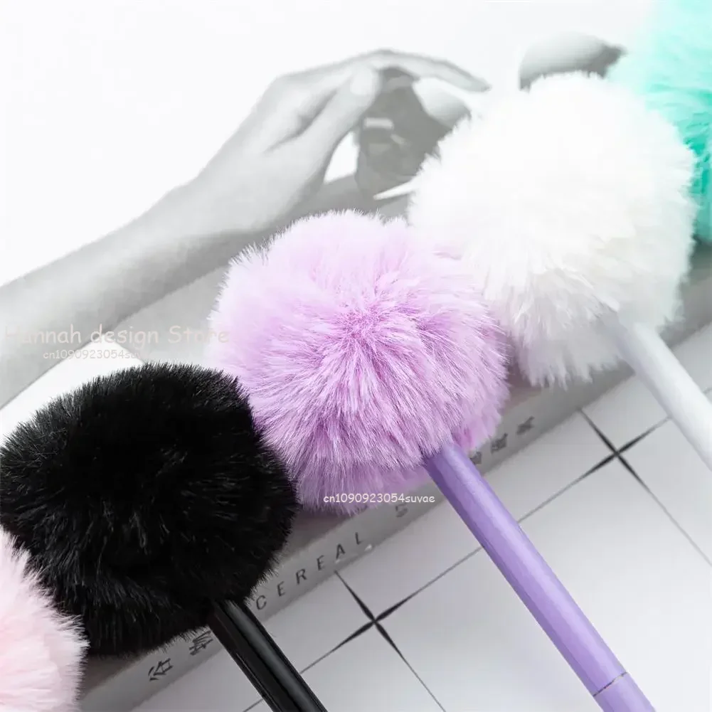 1.0mm Colorful Plush Pompom Ballpoint Pen Metal Body Black Oil Writing Tools School Office Stationery Supplies For Girls Gift