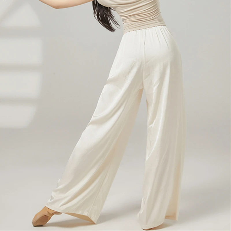Pantaloni da danza moderna Pantaloni a gamba larga da donna Piega frontale Elastico in vita Raso Lungo Salotto Casual Costumi di allenamento classico sul palco