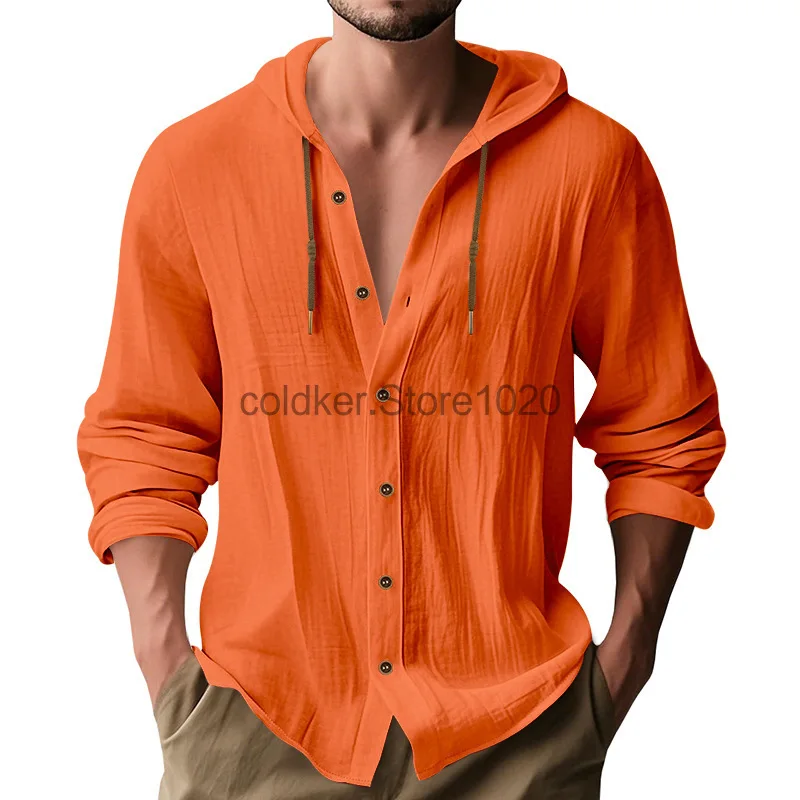 New Men's Solid Color Casual Long Sleeve Hooded Shirt Fashion Drawstring Cotton Linen Single-breasted Tops Male Streetwear