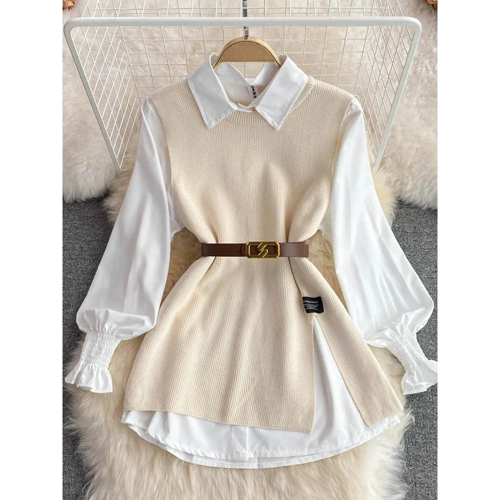 New Autumn Fashion Korean Office Lady Lapel Lantern Sleeves White Shirt +V-neck Knitted Vest Casual Two-piece Set Clothes Women