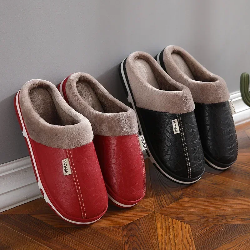 

Autumn and Winter Pu Leather Waterproof Indoor Cotton Drag Female Home Warm and Cashmere Outdoor Cotton Slippers