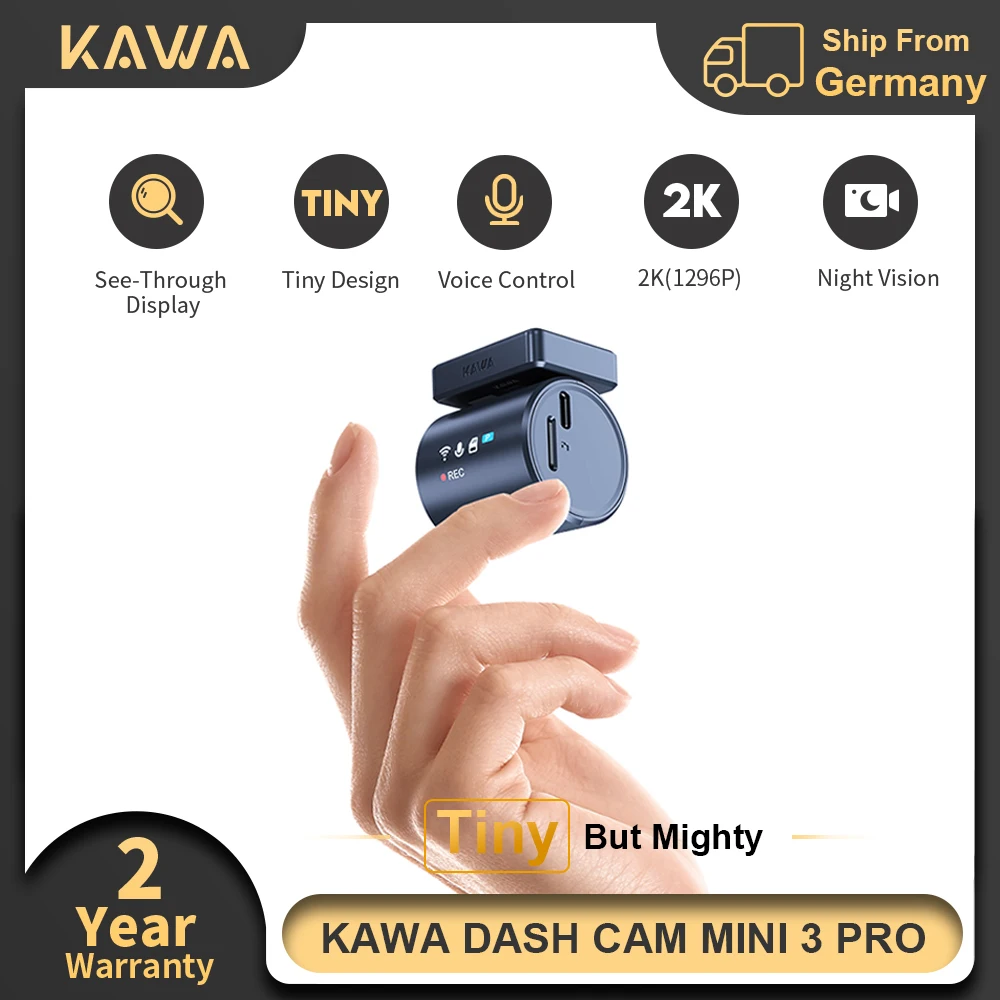 Caméra embarquée KAWA MINI 3 Pro Tiny 2K avec écran transparent, contrôle vocal 24/7, surveillance du stationnement, vision nocturne, supercondensateur, enregistrement d'urgence, DVR pour voiture