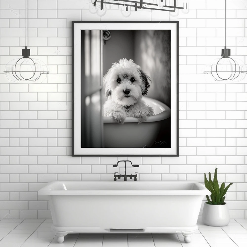 Vintage Black White Baby Dog In A Bathtub Bathroom Funny Animal Toilet Art Poster Print Canvas Painting Room Home Decor