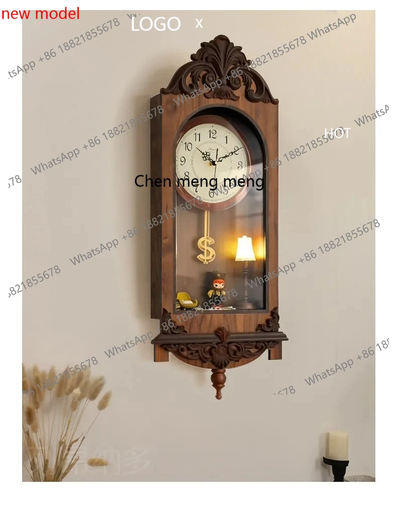 d178 Retro living room clock wall hanging with pendulum silent wall clock blind box storage display stand