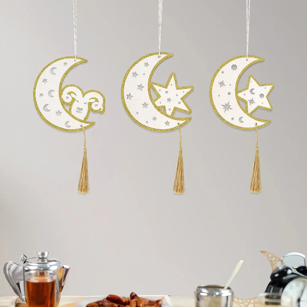 

New Middle East Moon Festival Wooden Pendant With Tassel Festival Decoration Star Moon Pendant Star Moon Wooden Pendant