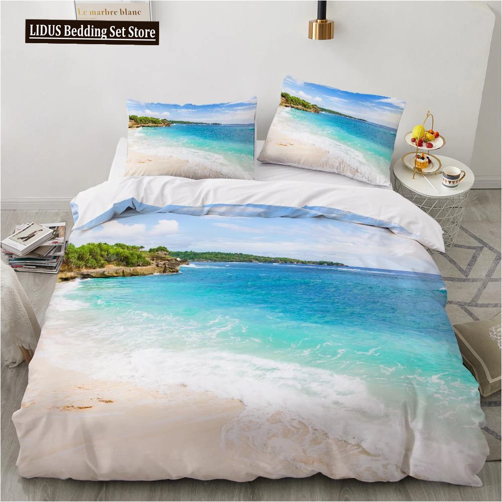 

Ocean Duvet Cover Set King Size Polyester Tropic Ocean Style Sandy Shore And Sea With Waves Escape To Paradise Theme Bedding Set