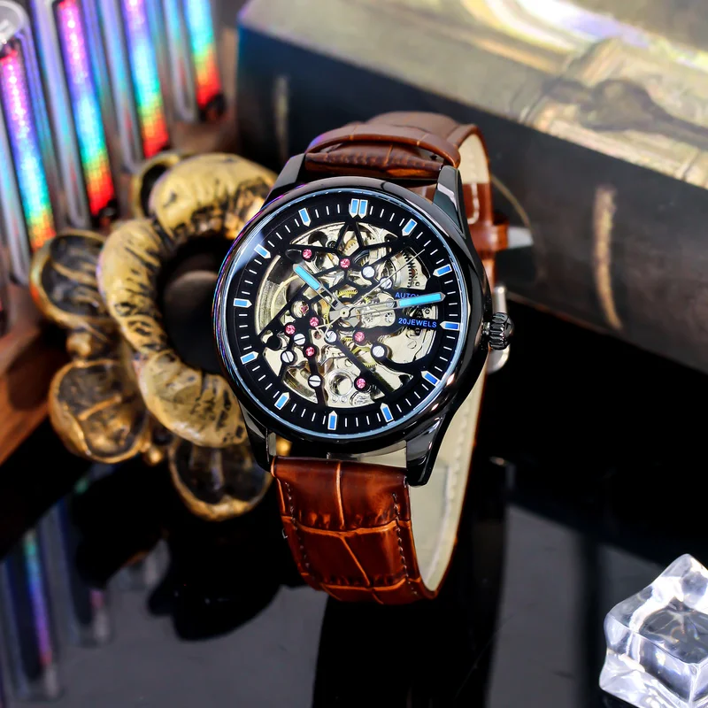 

A men's black-brown leather belt casual style sports watch with a round dial and fully automatic mechanical movement