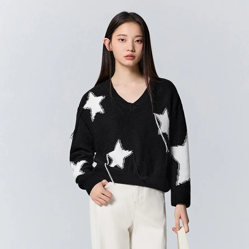 Semir Sweater Women Short Style Five-Pointed Star Sweater Winter Loose Style V-Neck Niche Trendy Sweater